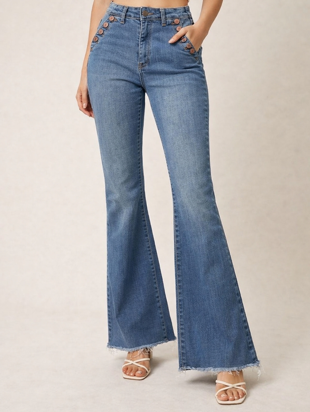 Sincerely Jules Blue High-Rise Flared Jeans with Button Detail, Sz 9